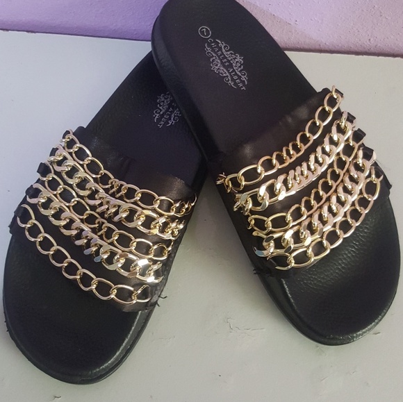 Charles Albert Shoes - NWT Charles Albert black/gold chained slides